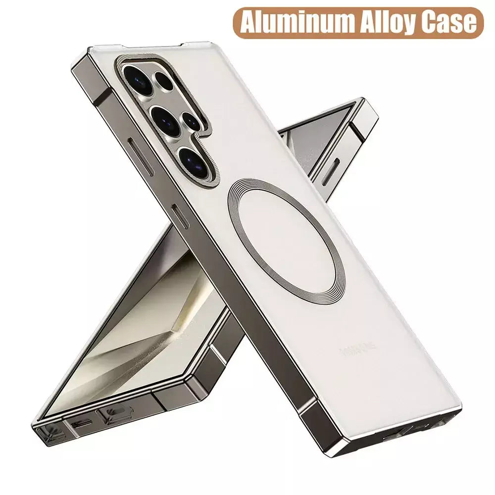 Moldura de alumínio com fecho magnético, capa traseira de plástico de metal para samsung galaxy s25 ultra s24 ultra s23 s22 s21, capa forte à prova de queda