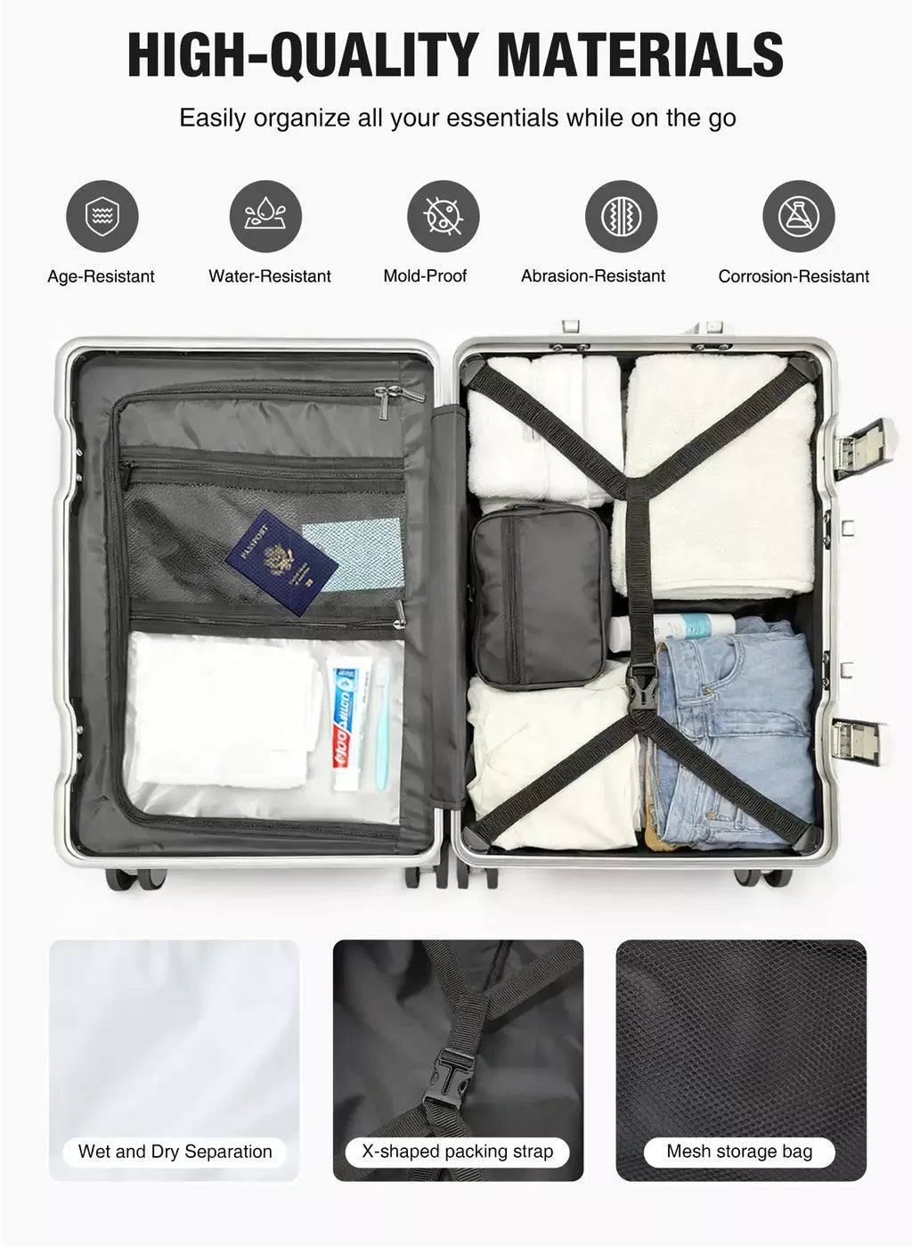 AIWEINY 2025 Mala de viagem rígida com estrutura em alumínio, resistente à pressão, com rodas omnidirecionais silenciosas de 360°, suporte para copos e prateleira, com fechadura TSA.