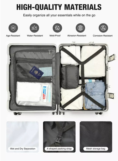 AIWEINY 2025 Mala de viagem rígida com estrutura em alumínio, resistente à pressão, com rodas omnidirecionais silenciosas de 360°, suporte para copos e prateleira, com fechadura TSA.