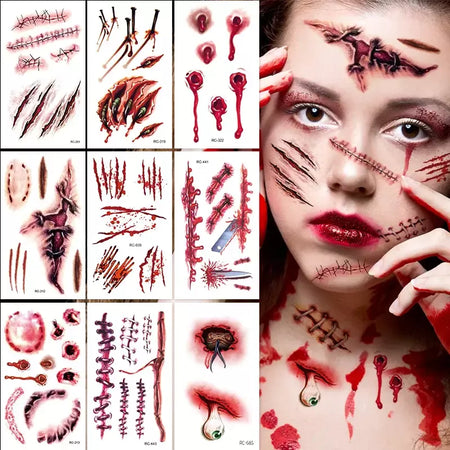 32 peças tatuagens temporárias de cicatriz falsa 3D de Halloween - designs de feridas sangrenas e zumbi para rosto/corpo, festa de fantasia, brincadeira e cosplay ?