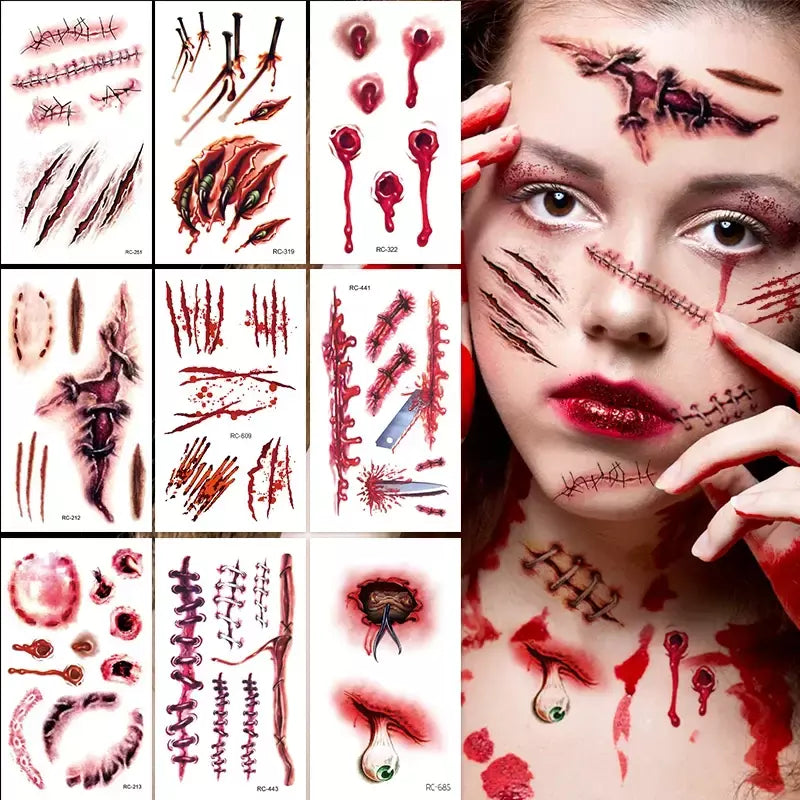 32 peças tatuagens temporárias de cicatriz falsa 3D de Halloween - designs de feridas sangrenas e zumbi para rosto/corpo, festa de fantasia, brincadeira e cosplay ?
