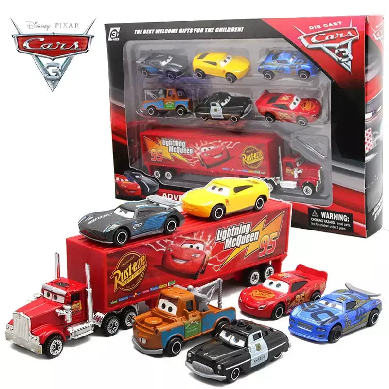 6-7 pçs disney pixar carro 3 2 1 relâmpago mcqueen caminhão mack jackson tempestade diecast metal carro de corrida dinoco racer brinquedo conjunto menino presente