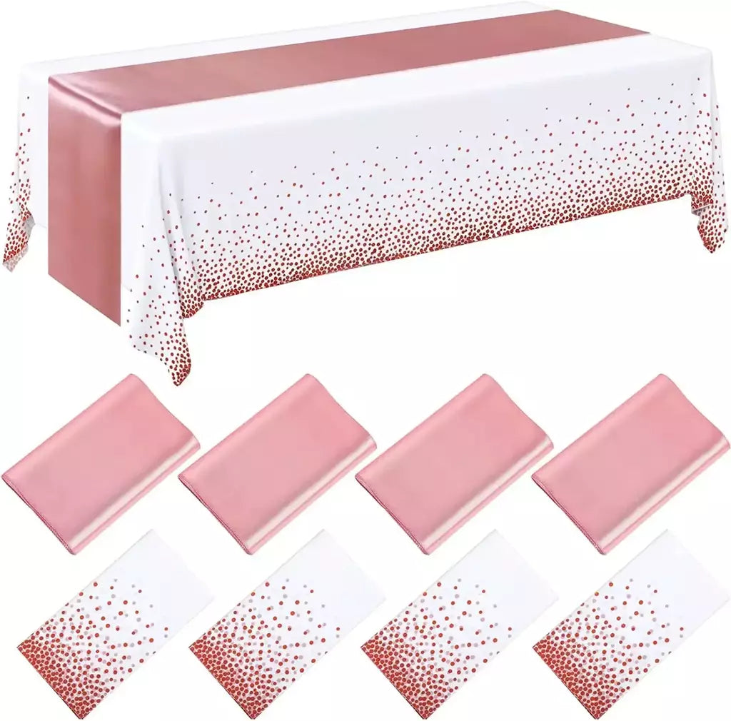 Toalha de mesa de plástico descartável ouro rosa 6 lugares capa de mesa 108 polegadas corredor de mesa de cetim para festa de casamento