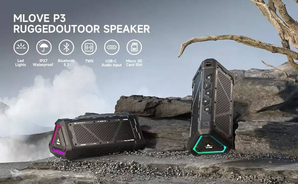 MLOVE P3 Alto-falante Bluetooth externo, alto-falante Bluetooth 5.3 com potência de saída de 40 W, som estéreo IPX7 à prova d'água, cartão Micro SD, luz RGB