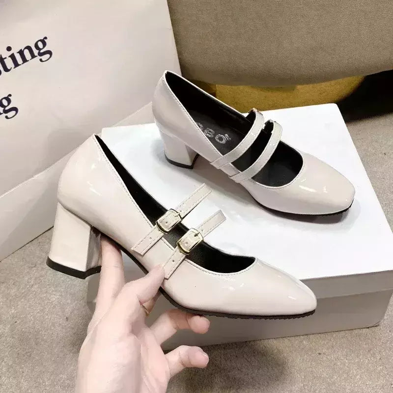 Sapatos Mary Janes de fivela dupla feminina, couro envernizado, cabeça quadrada, salto quadrado, cor sólida, primavera, outono, 2022