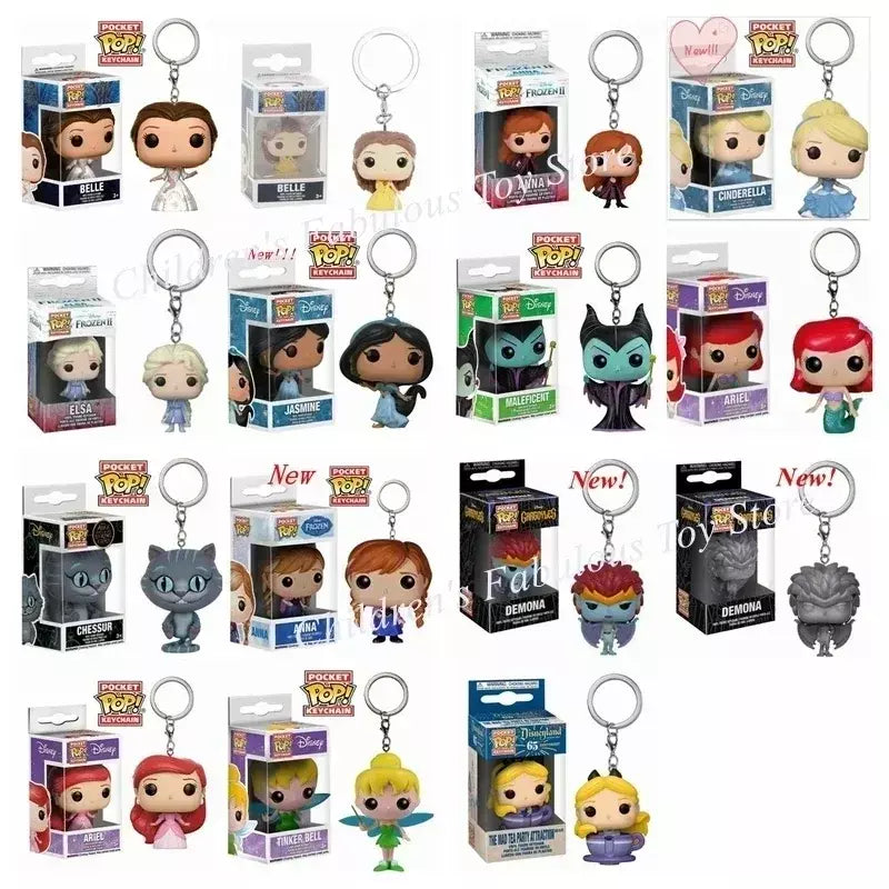Novos chaveiros funko disney demona princesa bella ariel alice anna elsa bell jack sally ponto figura de ação brinquedos ornamentos