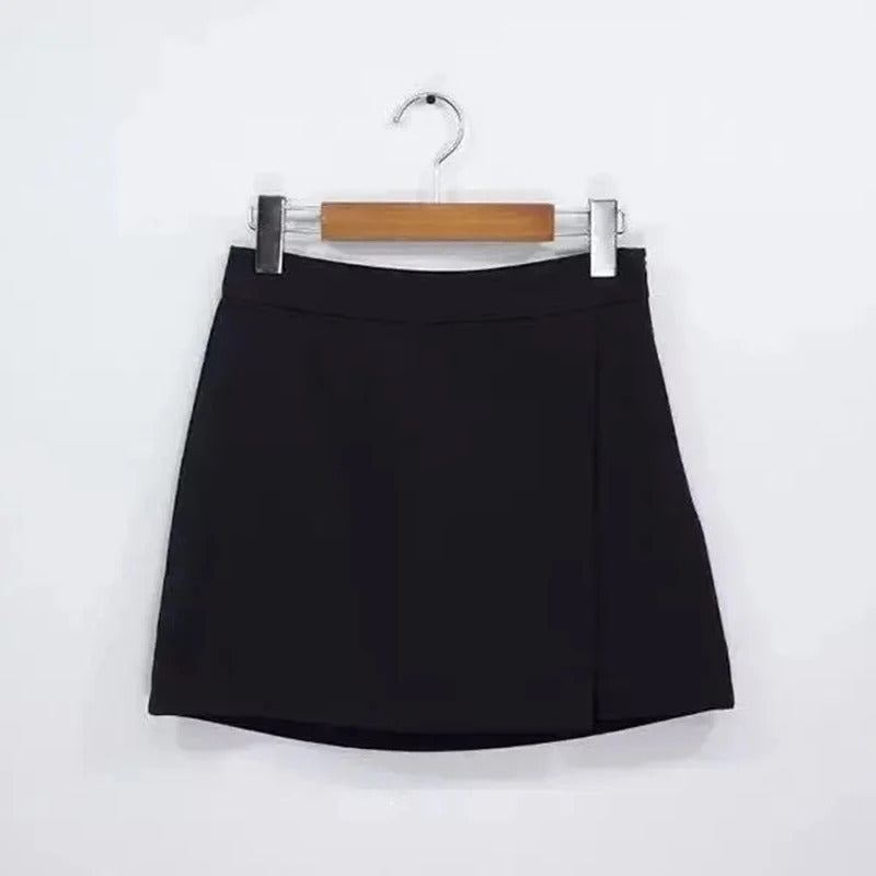Mini saias pretas femininas, fenda lateral irregular, cintura alta, shorts linha A, saias femininas de verão, envoltório chique do quadril, moda coreana