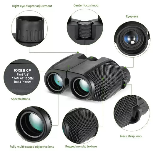 Binóculos 10x25 hd mini telescópio portátil bak4 fmc revestido telescópio ao ar livre observação de pássaros caça viagem acampamento bola jogo