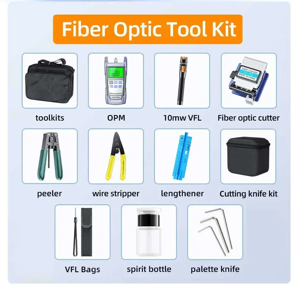 ZoeRax 11 em 1 Kit de ferramentas de fibra óptica FTTH com -70 ~ + 10dBm Medidor de potência óptica 10MW Localizador visual de falhas Cortador de fibra óptica