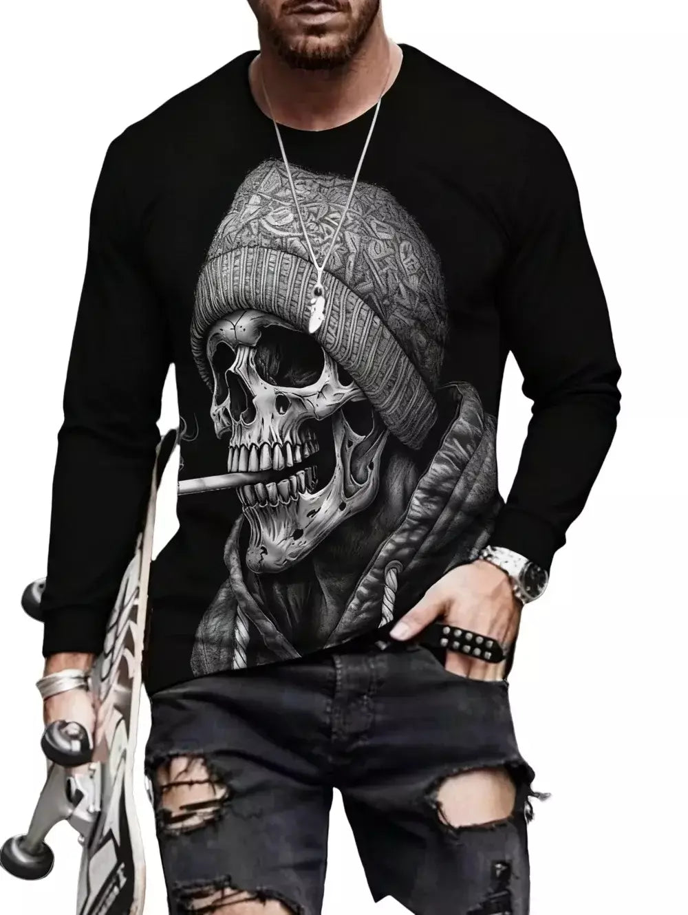 Crânio masculino gráfico t-shirts manga longa esqueleto impressão 3d rua homem t camisa outono o-pescoço casual y2k topo roupas masculinas de grandes dimensões