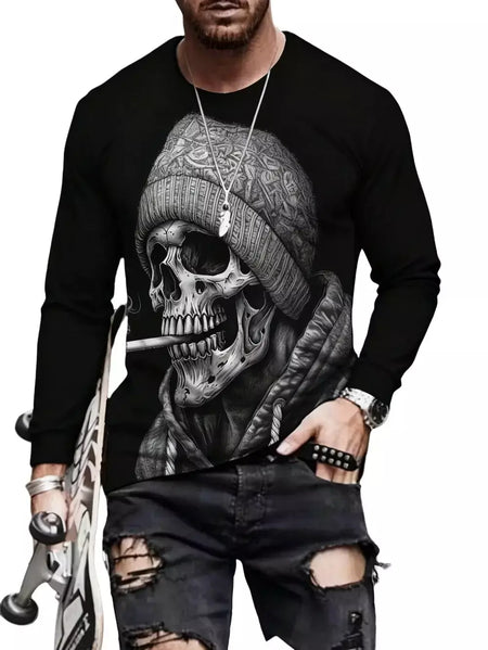 Crânio masculino gráfico t-shirts manga longa esqueleto impressão 3d rua homem t camisa outono o-pescoço casual y2k topo roupas masculinas de grandes dimensões