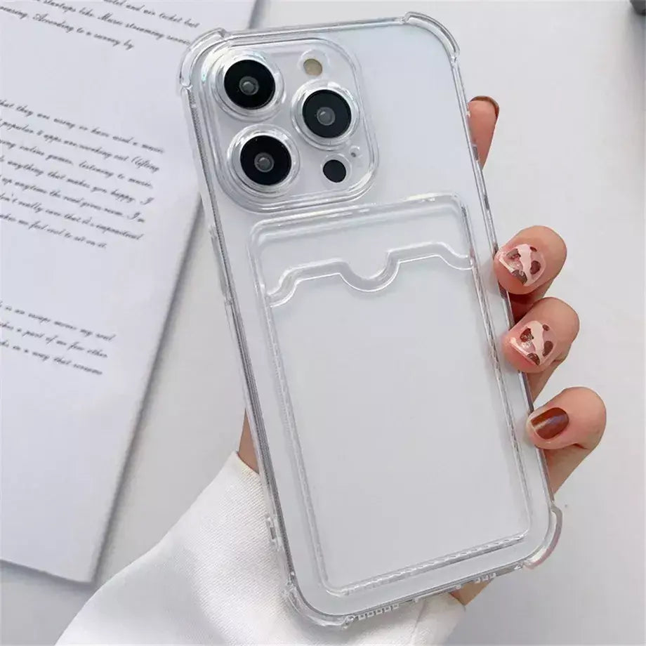 Bolsa de slot para cartão transparente para iPhone, carteira clara, à prova de choque, capa macia, iPhone 16, 15, 14, 13, 12, 11 Pro Max, Mini, X, XR, 7, 8 Mais