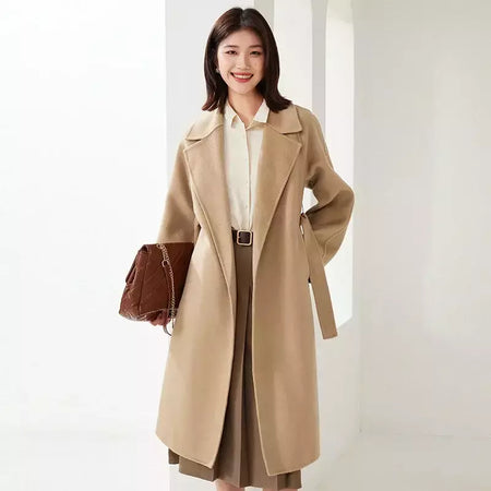 Casaco de lã dupla face feminino com cinto, fivela, 10% casaco de caxemira, cintura amarrada, top longo, moda outono e inverno, 90% lã, novo