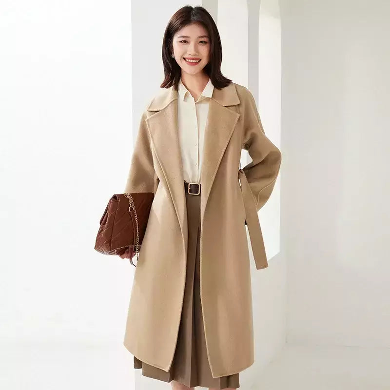 Casaco de lã dupla face feminino com cinto, fivela, 10% casaco de caxemira, cintura amarrada, top longo, moda outono e inverno, 90% lã, novo
