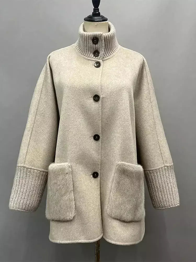 Gola de pele emendada longa pele de lã casaco feminino moda casual manga comprida lapela solta quente curto jaqueta senhora diariamente streetwear