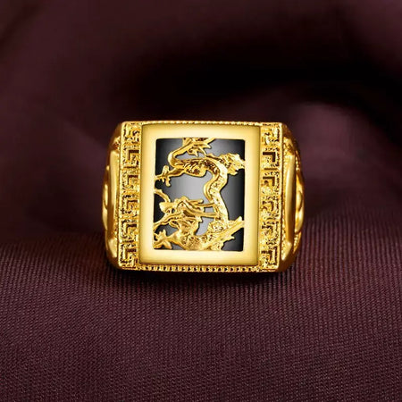 Anel do zodíaco do dragão masculino em ouro 24K AU999 - Dragão polido + contraste do zodíaco fosco, nuvens cinzeladas-flamas, negociação aura completa