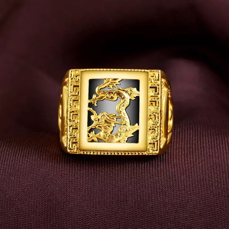 Anel do zodíaco do dragão masculino em ouro 24K AU999 - Dragão polido + contraste do zodíaco fosco, nuvens cinzeladas-flamas, negociação aura completa