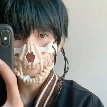 Festa crânio máscara dentes longos demônio esqueleto meia máscara facial lobo dragão tigre houjuu nue máscara cosplay traje de halloween adereços
