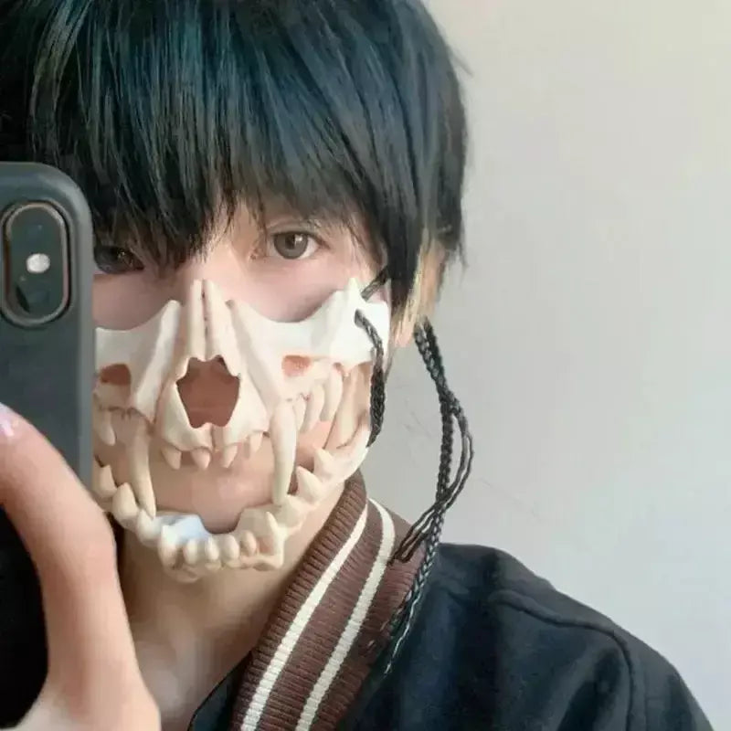 Festa crânio máscara dentes longos demônio esqueleto meia máscara facial lobo dragão tigre houjuu nue máscara cosplay traje de halloween adereços