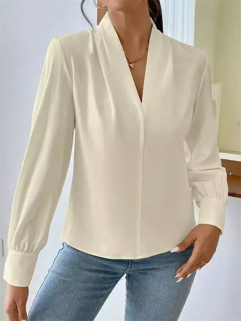 Pulôver de manga comprida com decote V feminino, camisa elegante, estilo britânico, tops urbanos, monocromático, confortável, blusa casual feminina, outono
