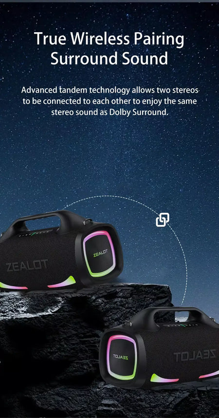 Zealot S79 100W alto-falante sem fio, alto-falante subwoofer portátil ao ar livre, qualidade de som Hifi, emparelhamento duplo, carregamento rápido, 24000mAh.