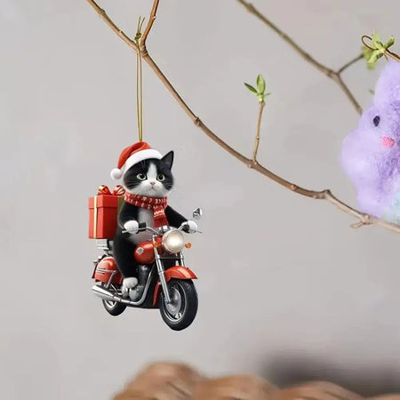 Motocicleta gato acrílico pendurado decoração árvore de natal carro 2d plana equitação gatinho pendurado ornamento dos desenhos animados pingente para natal