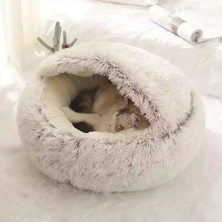 Almofada redonda para gatos, sacos de dormir semi fechados para animais de estimação, pelúcia longa e macia 2 em 1, camas quentes para gatos, conforto simples, ninho de dormir quente para cachorros
