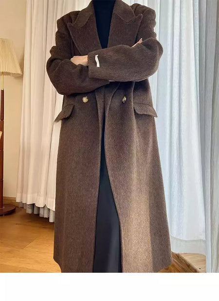 Casaco de alpaca de lã feminino, jaquetas de lã, trespassado duplo, gola de terno, solto, Casacos longos, senhora do escritório, outono, inverno, 2022