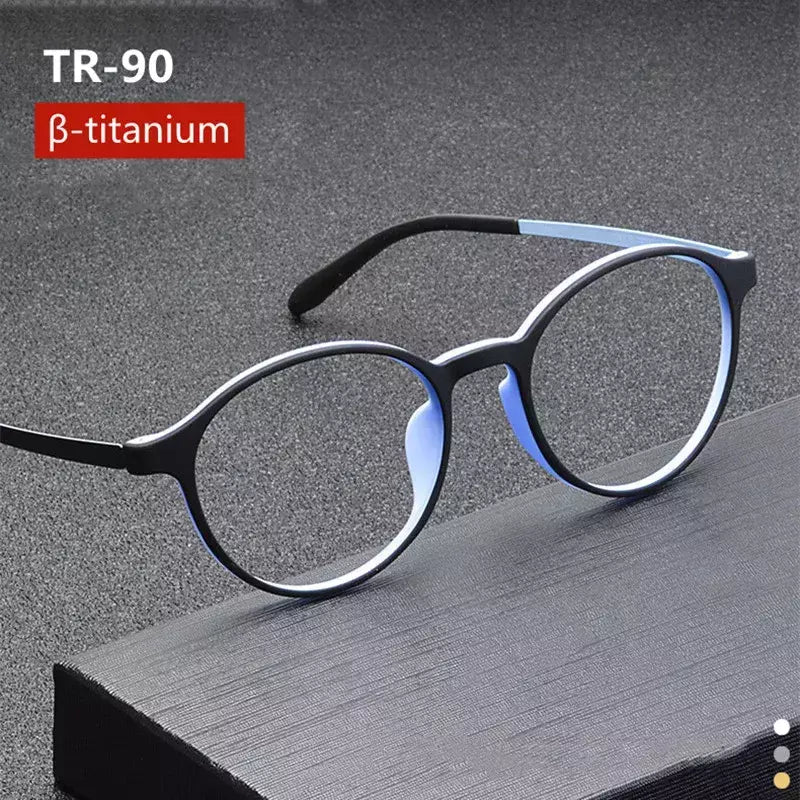 Óculos de leitura ultraleves de liga de titânio para homens e mulheres, luz redonda anti azul, óculos retrô de presbiopia, TR90 0 + 100 + 150 + 250