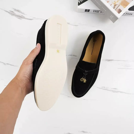 Sapatos de mula de camurça antiderrapante para mulheres, sapatos para dirigir, pingente de metal, marca de luxo, moda casual confortável, Le Fu