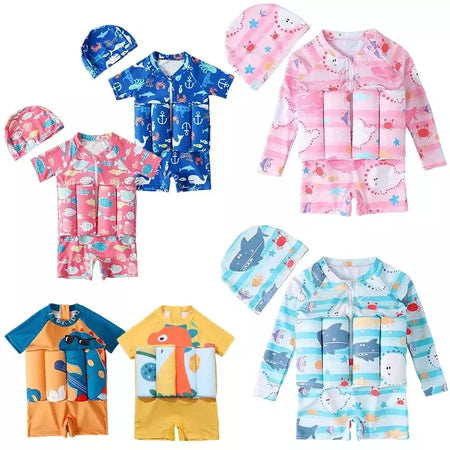Maiô flutuante para crianças, roupa de banho de uma peça para crianças, flutuante, proteção contra queimaduras, estampa de desenho animado, meninas, meninos, roupas de natação