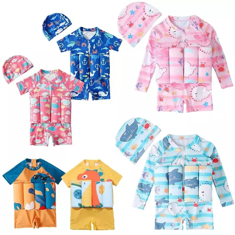 Maiô flutuante para crianças, roupa de banho de uma peça para crianças, flutuante, proteção contra queimaduras, estampa de desenho animado, meninas, meninos, roupas de natação