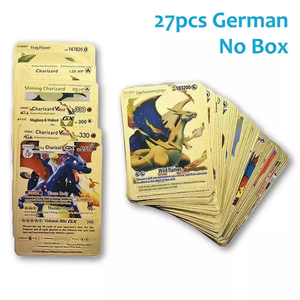Cartão de folha de ouro colorido pokemon charizard pikachu arceus prata preto arco-íris inglês francês alemão espanhol vstar gx vmax cartões