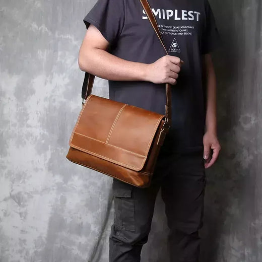 Mochila masculina de couro genuíno de um ombro, maluca couro cavalo, estilo horizontal, grande capacidade, bolsa mensageiro casual