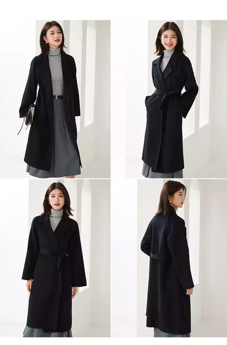 Casaco de lã dupla face feminino com cinto, fivela, 10% casaco de caxemira, cintura amarrada, top longo, moda outono e inverno, 90% lã, novo