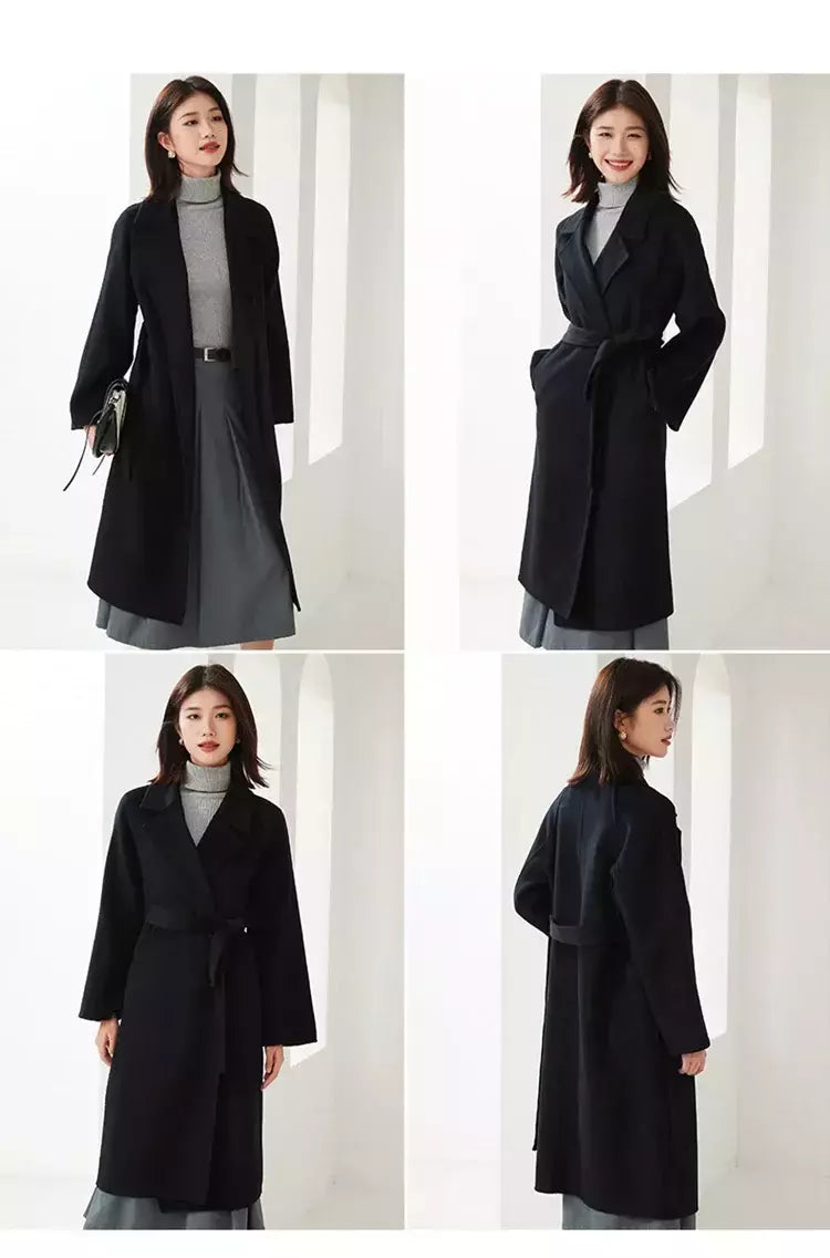 Casaco de lã dupla face feminino com cinto, fivela, 10% casaco de caxemira, cintura amarrada, top longo, moda outono e inverno, 90% lã, novo