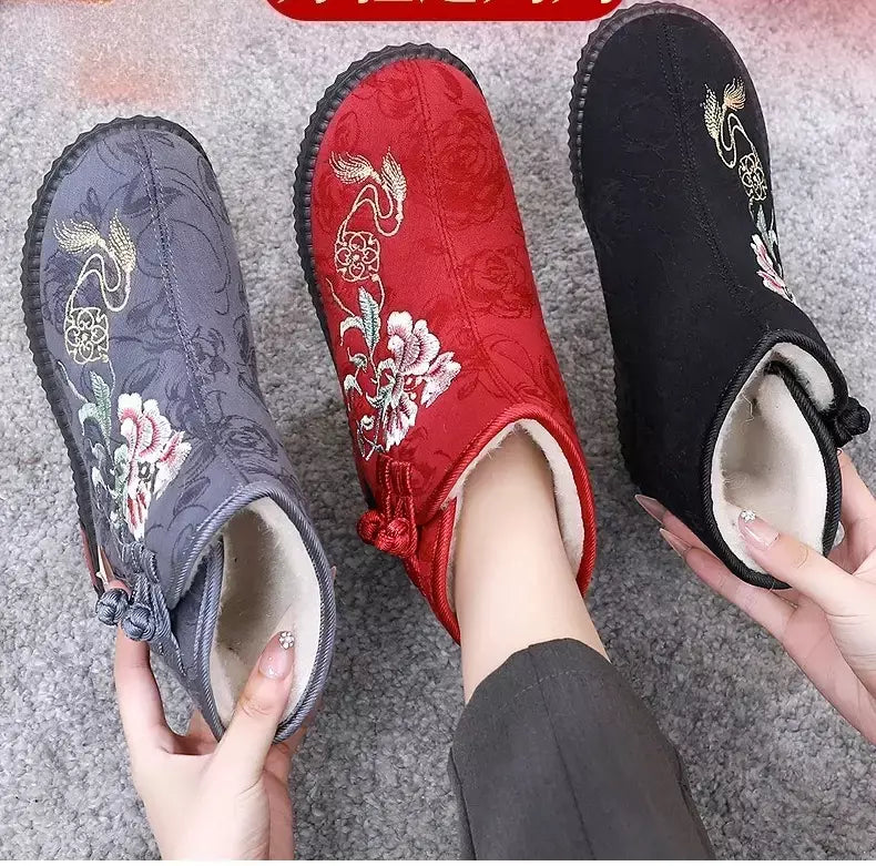 Sapatos de pano de inverno estilo étnico botas mujer sapatos femininos zapatos botas curtas quentes mulher bootie bordado algodão botas femininas