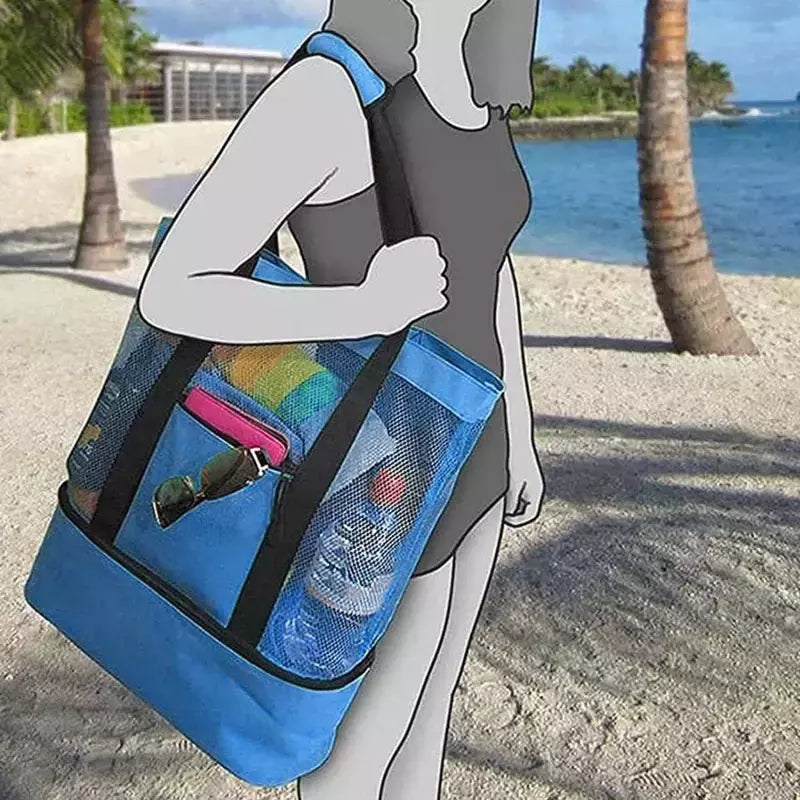 Grande bolsa de malha transparente de camada dupla para mulheres, alta capacidade, preservação de calor, piquenique, praia, bolsa, escritório, almoço, lanches, bolsa
