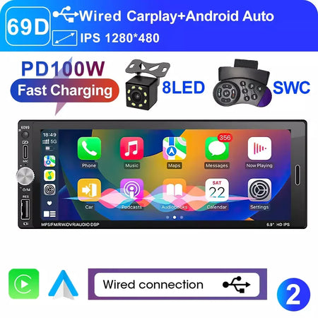 Lehx 6.9 Polegada 1din universal mp5 rádio do carro suporte sem fio carplay android auto aux ips tela de toque reprodutor vídeo multimídia