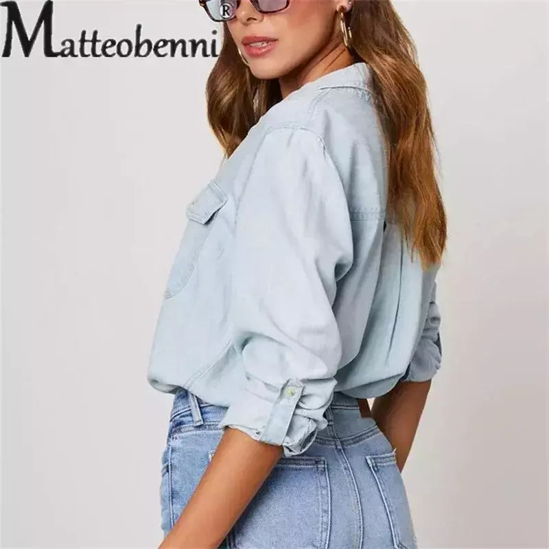 Camisa jeans fina de peito único feminina, bolso de emenda, manga longa, tops de lapela, confortável, blusa casual para mulheres, outono