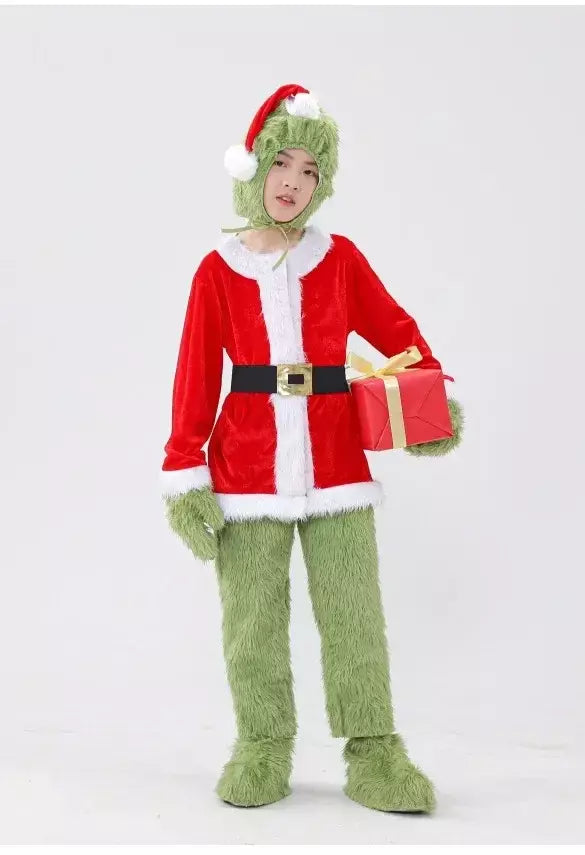 Venda quente da temporada halloween verde grinch cosplay traje papai noel com calças de pele conjunto jogar traje em massa monstro verde gri