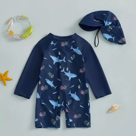 Maiô infantil de 0 a 5 anos, roupa de banho com estampa de tubarão, manga longa, meio zíper, com chapéu de sol, 2 peças, roupa de banho para crianças pequenas