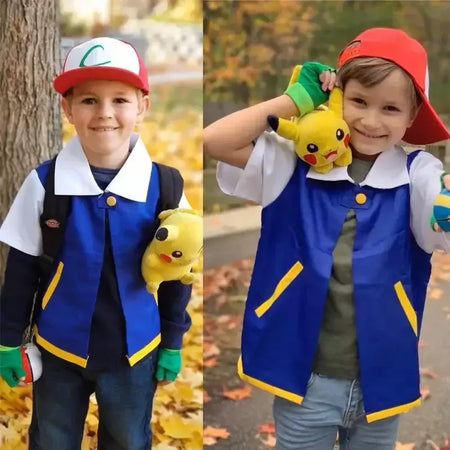 Anime dos desenhos animados cinza ketchum trainer jaqueta azul traje p-pokemoning ir jaqueta azul chapéus luvas para meninos meninas cosplay para festa