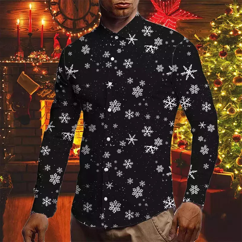 Camisas para homens outono natal férias lapela blusa masculina férias moda roupas masculinas diariamente rua camisas de manga longa botões