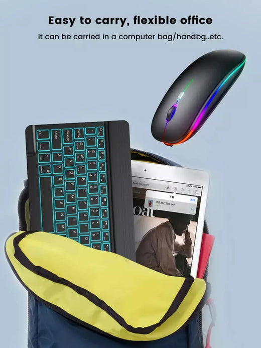 Mini teclado bluetooth retroiluminado rgb de 10 polegadas, mouse sem fio recarregável para espanhol, russo, hebraico, coreano, francês, árabe, portugal