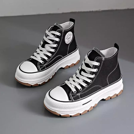Tênis casual de cano alto para mulheres, com cordões, lona de altura da plataforma, antiderrapante, resistente ao desgaste, sapatos femininos vulcanizados, primavera, 2024
