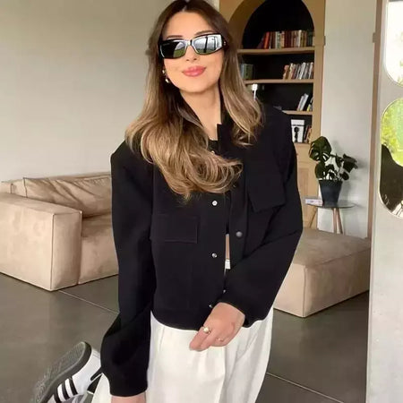 Jaqueta Bomber Cropped feminina, Casaco de manga comprida, Beisebol de botões, Casaco Aviador, Preto, Branco, Outono, Inverno