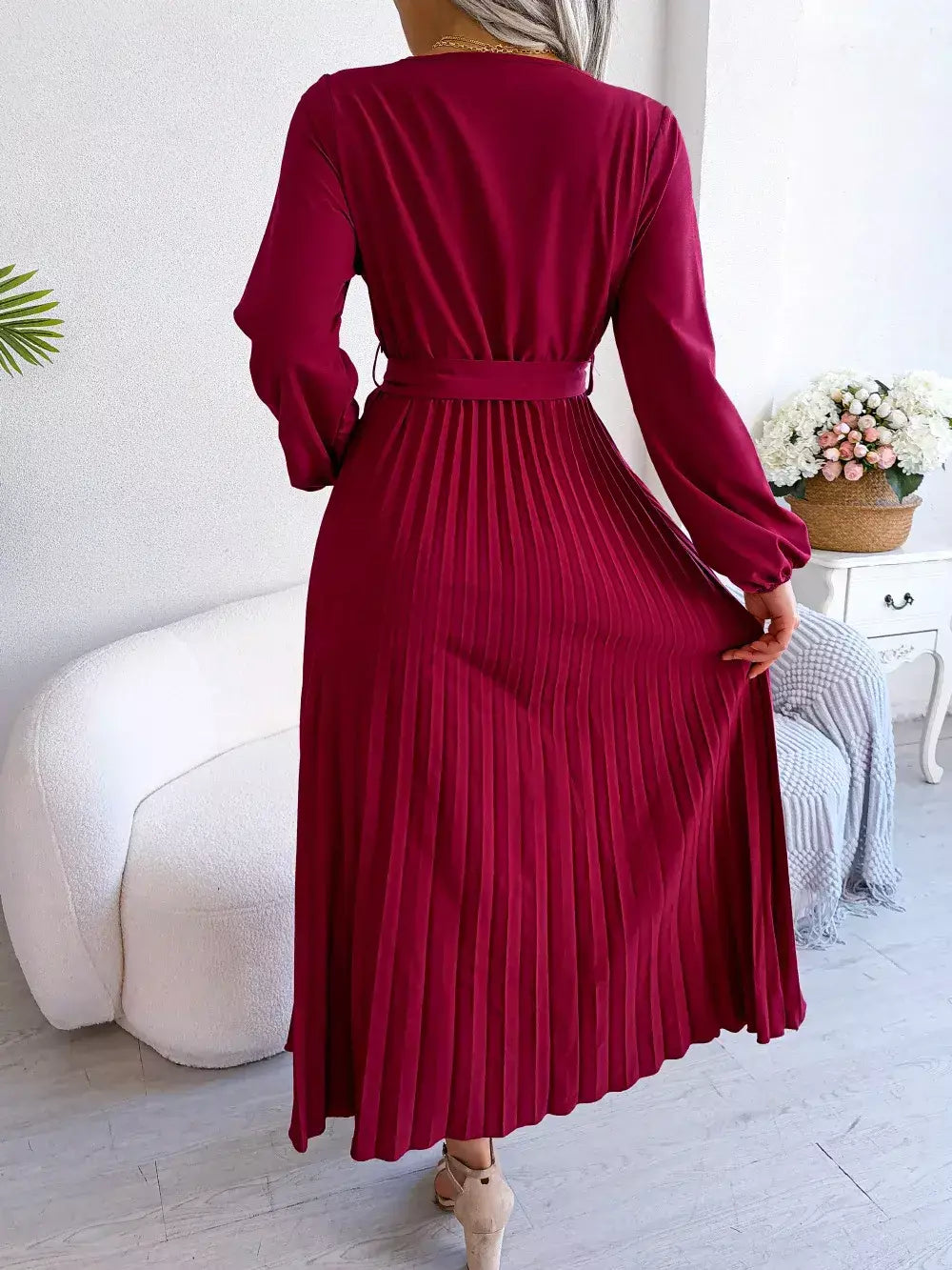Elegante V Neck manga comprida das mulheres plissado vestido Maxi