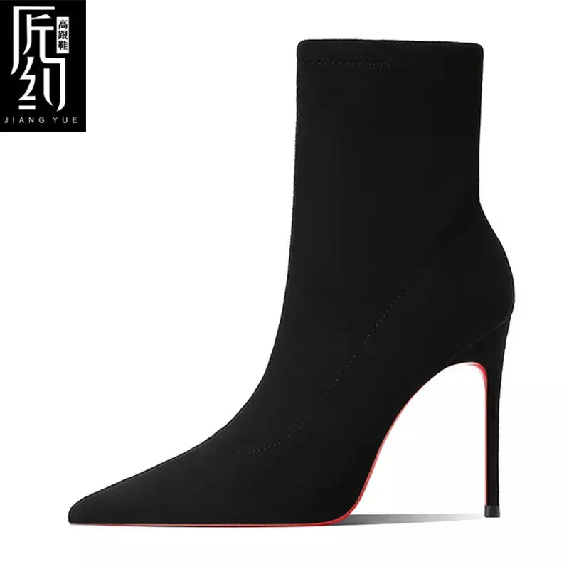 Botas de tornozelo femininas de inverno vermelho brilhante bottoms meias de malha botas outono 2025 nova moda botas de estiramento sexy feminino salto alto fem
