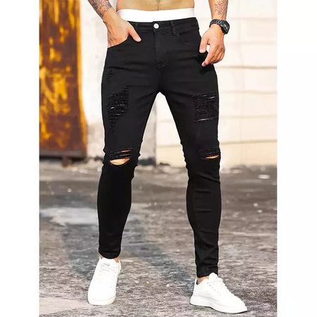 Moda masculina rua rasgado jeans preto puro estiramento apertado pequeno pé lápis calças namorado clube roupas denim ropa hombre